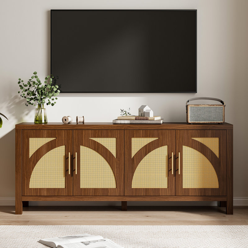 Meuble télé de 59,9 po de style Mid-Century avec station de charge et tablettes réglables, console de télévision avec 4 armoires de rangement en rotin pour téléviseur de 65 po ou moins
