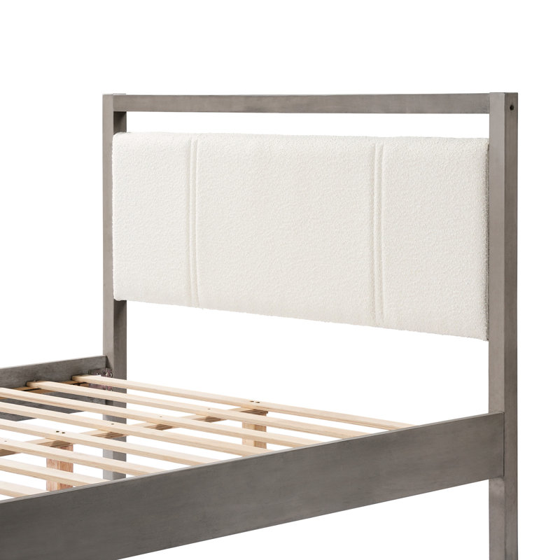 Grand lit avec structure en bois gris et revêtement Boucle, lattes solides, parfait pour le soutien du corps, taille de la pièce maîtresse de la chambre à coucher dans la tête de lit, pieds en bois d'hévéa, répartition uniforme du poids, facile à construire