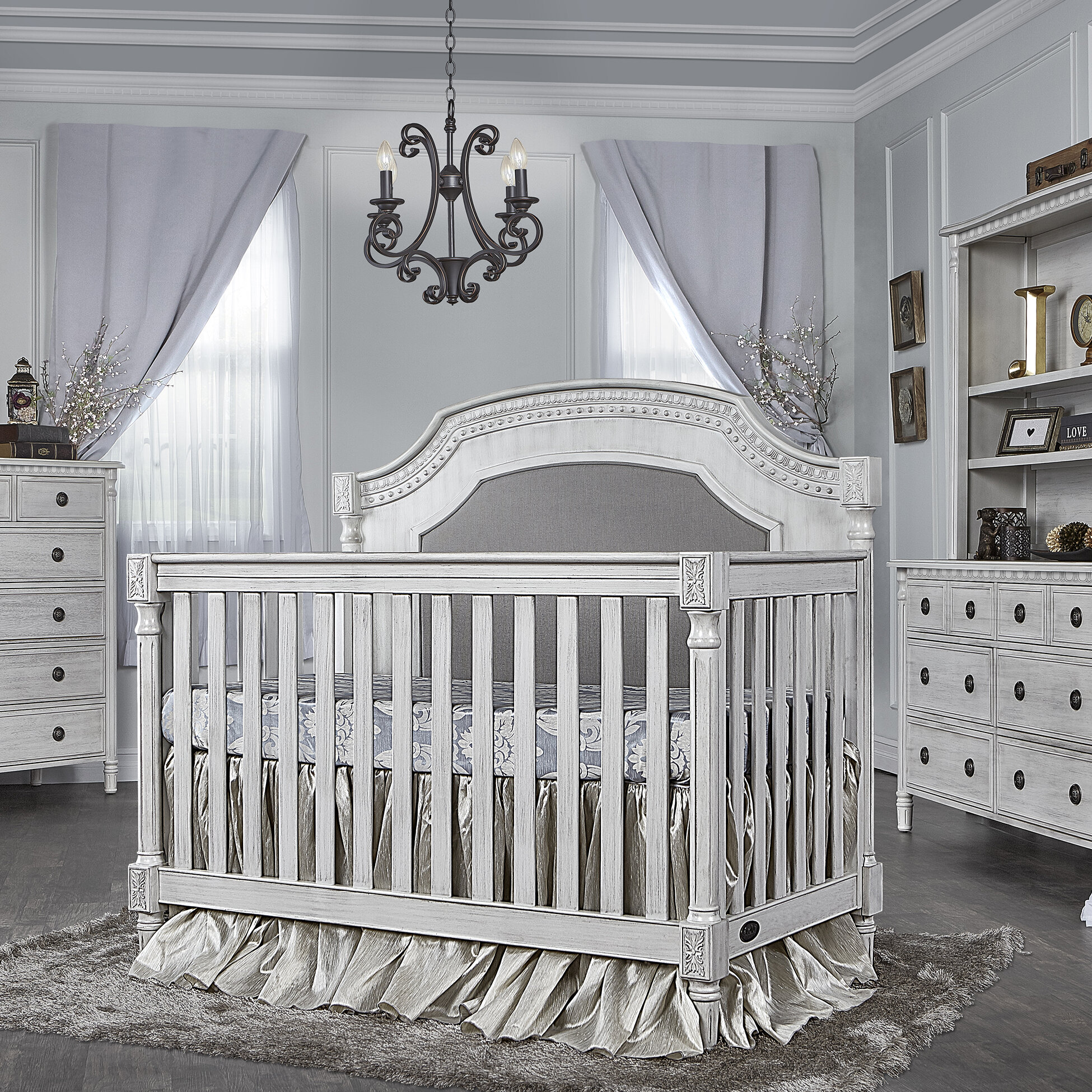 Upholstered store crib grey