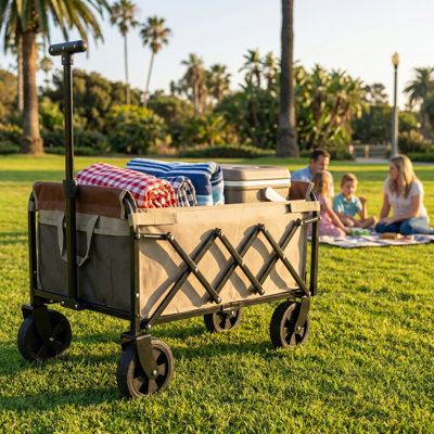 Chariot de camping pliable tout-en-un Scendor avec banquette, poches de rangement et attache pour chien, beige / brun