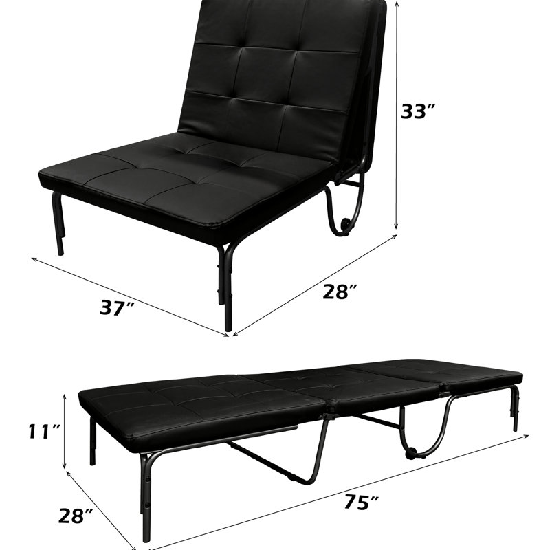 Foldable Black Finish Futon Chair With Adjustable Feature, Pu Padded For Comfort, Metal Frame And Caster Wheels, 220Lbs Weight Tolerance, Dimensions 37"W X 28"D 33"H, Bed 75"W 11"H That Can Be