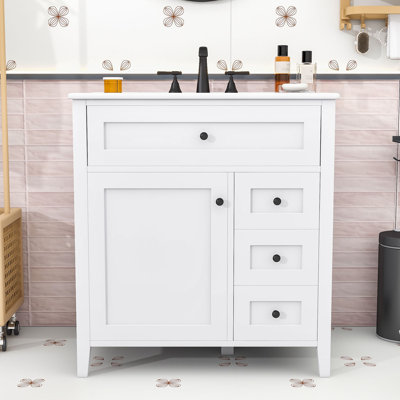 Meuble-lavabo de 30 pouces avec lavabo en céramique, 3 tiroirs de rangement et tablette réglable