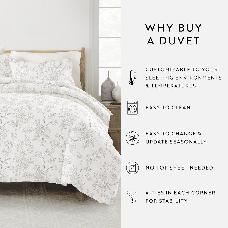 Ensemble de housse de couette à motif de vignes Simply Soft, Gris, Housse simple et 1 taie décorative