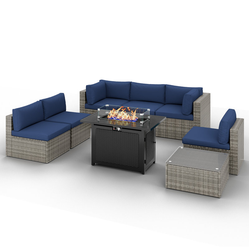 Wicker 8 Piece Rattan Sectional Seating Group With Cushions, Gray Frame/Blue Cushion