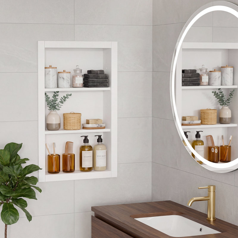 14'' * 24'' Recessed Medicine Cabinet Wall Niche Wood, 3-Tier Bathroom Wall Niche Insert for Drywall, In Wall Shelf Medicine Cabinets Replacement, for Living room, Bathroom Storage, White