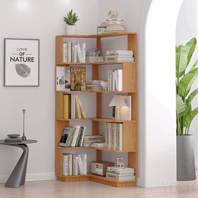Bibliothèque de coin autoportante en L de 90 cm (35,43 po) à 5 niveaux pour salon, chambre à coucher, bureau à domicile, bibliothèque en bois avec panneau anti-chute et dispositif anti-basculement, tablette ouverte