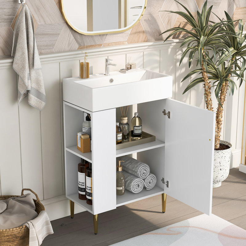 21.6" Single Bathroom Vanity Set, White, Gold