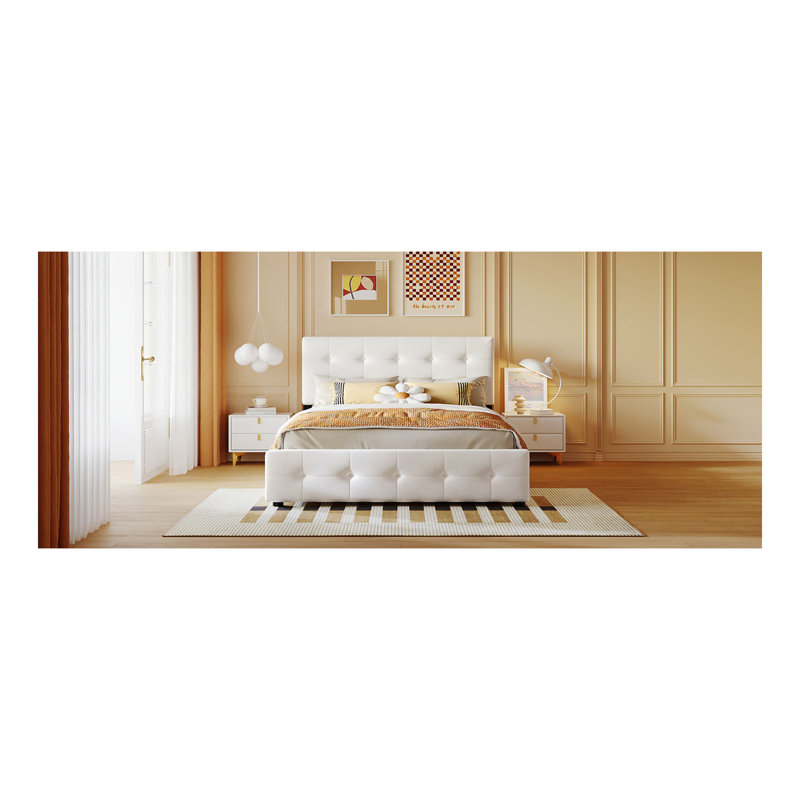 Lit plateforme tapissier avec tête de lit classique et 4 tiroirs, aucun sommier nécessaire, tissu en lin, grand lit blanc