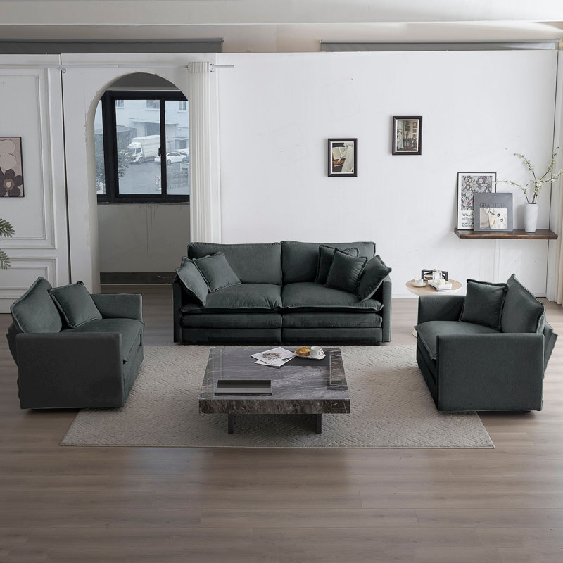 Ensemble de canapé décontracté 3 pièces avec accoudoirs et coussins décoratifs, conception compacte pour les salons modernes.
