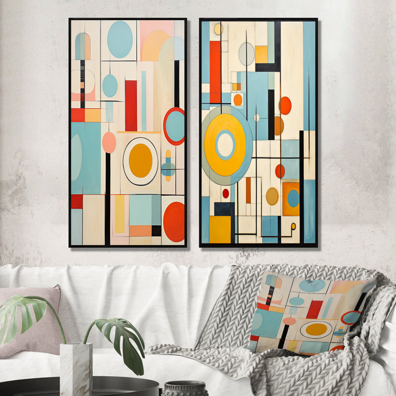 «Mid Mid Century Mod Geometrics», 2 pièces colorées, Cadre noir, H 40 po x l 40 po