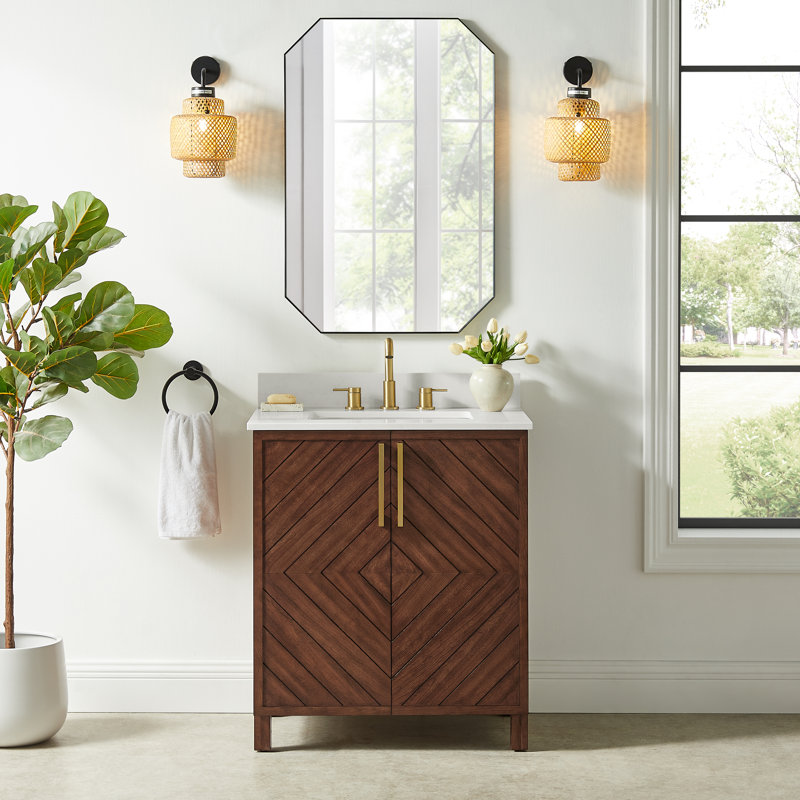 Keiera 30" Single Bathroom Vanity with Engineered Stone Top, Medium Brown