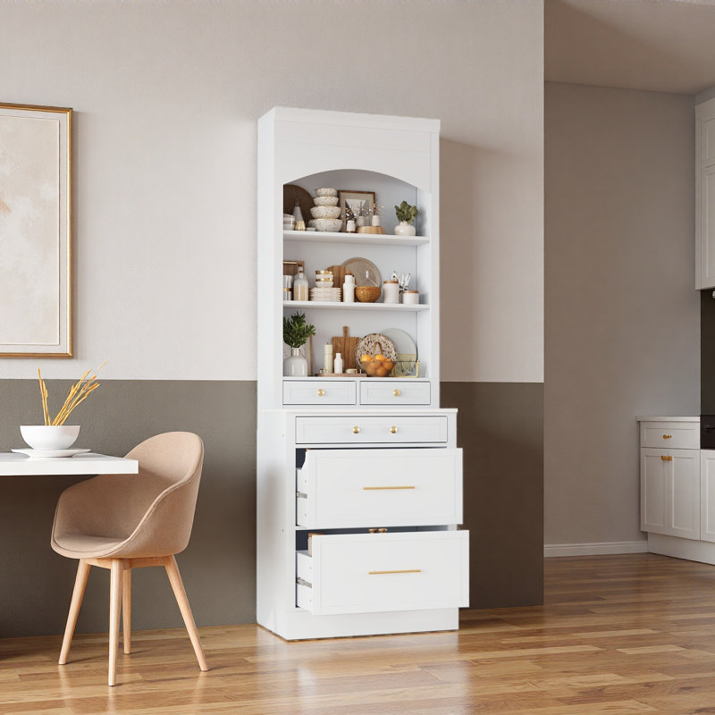 Garde-manger de hauteur moderne de 83,7 pouces, grande huche de cuisine autoportante avec plateau en faux marbre, armoire de présentation avec 5 tiroirs de rangement et tablette réglable