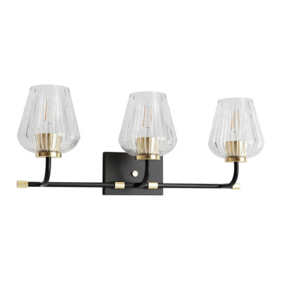 Malinowski Modern 3-Light Vanity Fixture With Gold Accents And Vertical Ribbed Glass