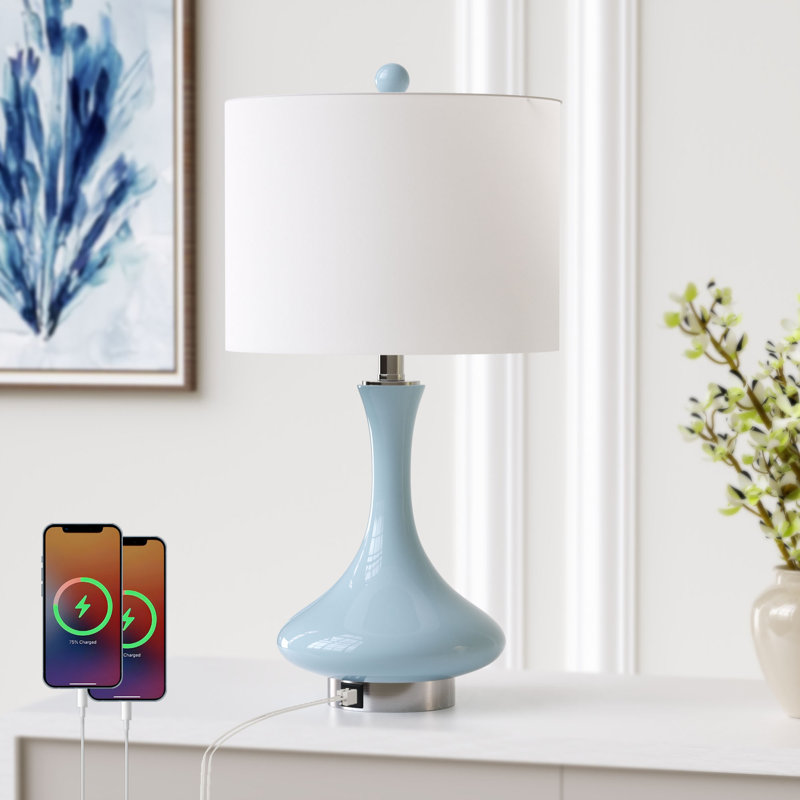 23.5" Blue Ceramic Table Lamp with USB & Type-C Ports and Pre-Assembled Linen Shade, Blue