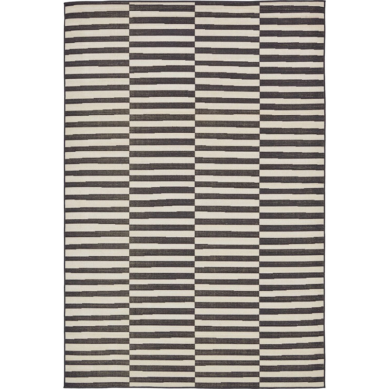 Tapis rayé ivoire / noir Arzilla, Jaune, Rectangle 6 pi x 9 pi