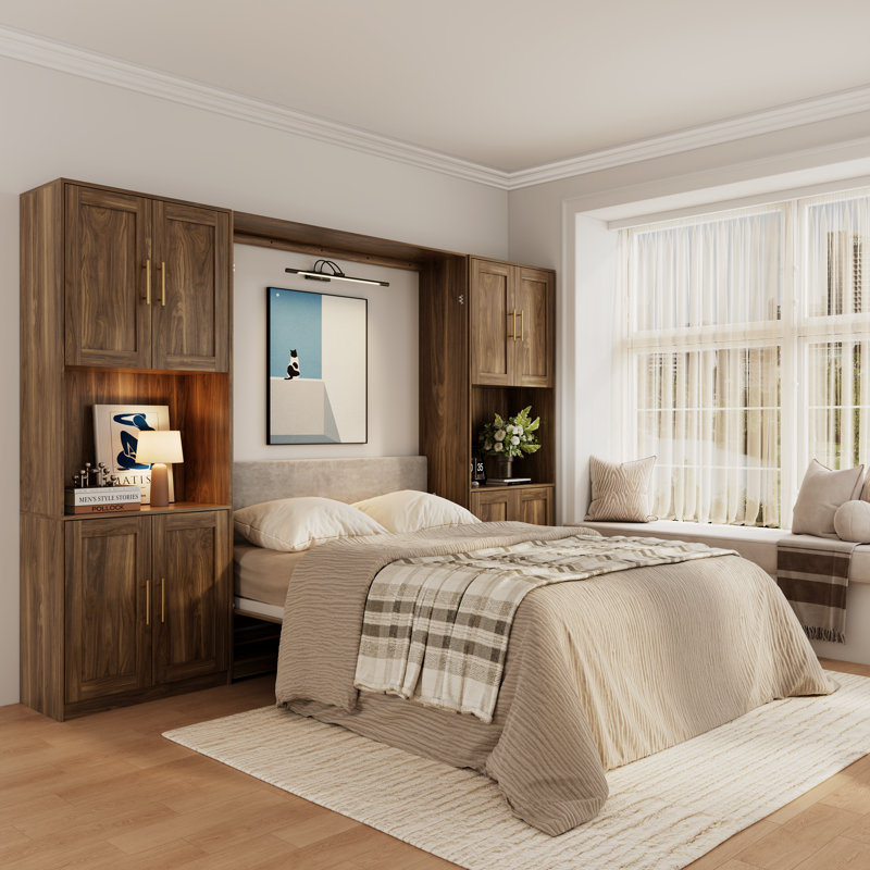 Queen Farmhouse Murphy Bed With 2 Storage Cabinets,space-saving Wall Bed For Multipurpose Room, Brown