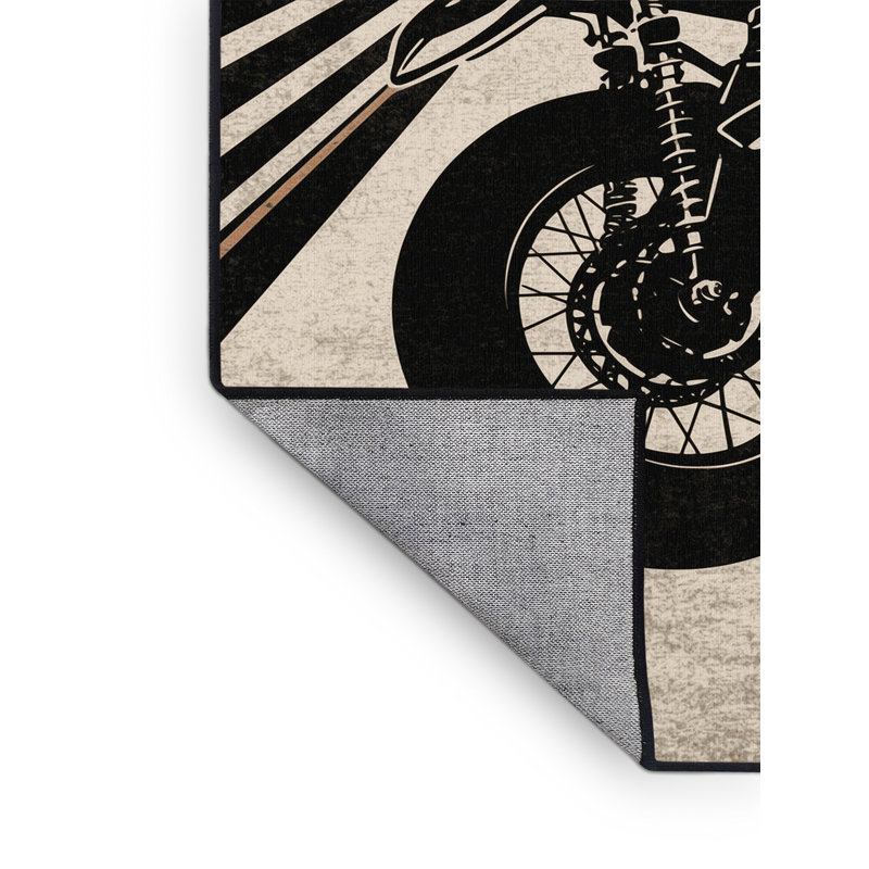 Machine Washable Potts Cafe Racer Motorcycle Retro Geometric Rug in Beige – Black Binding, 7x10