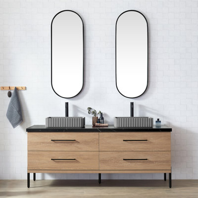Kaminski Double Bath Vanity in North American Oak with Black Sintered Stone Top with Concrete Sink