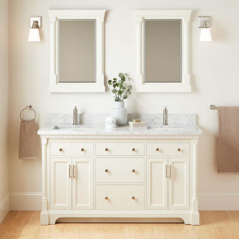 Claudia 60" Mahogany Double Basin Vanity Set with Cabinet, Vanity Top, Carrara Marble, White, Single-Hole
