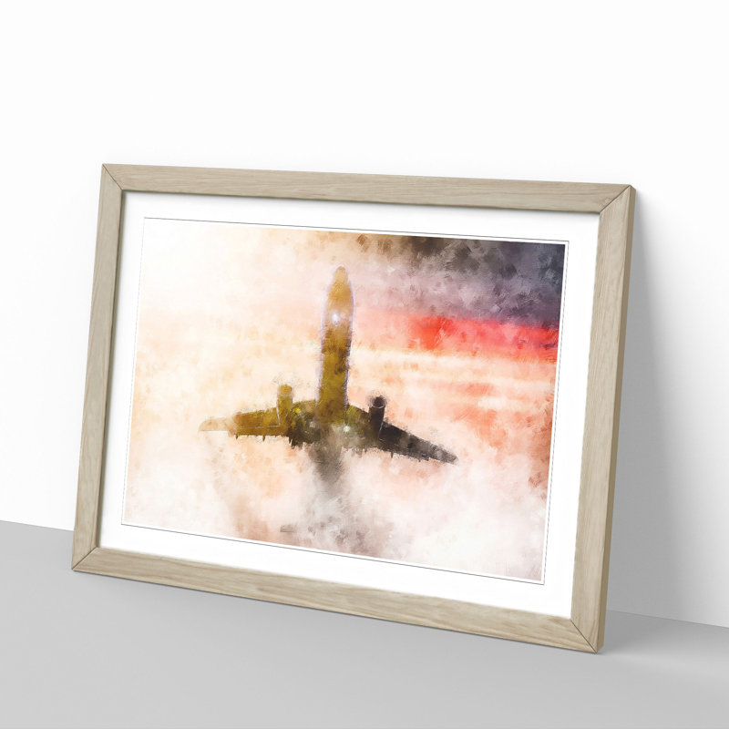 Airplane Lost In The Sky - Picture Frame Painting, 33cm H x 45cm W x 2cm D, Oak