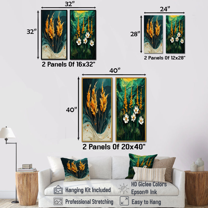 Emerald Yellow Delights Herbs I - ensemble de 2 pièces d'art floral, Cadre flottant doré, H 40 po x l 40 po