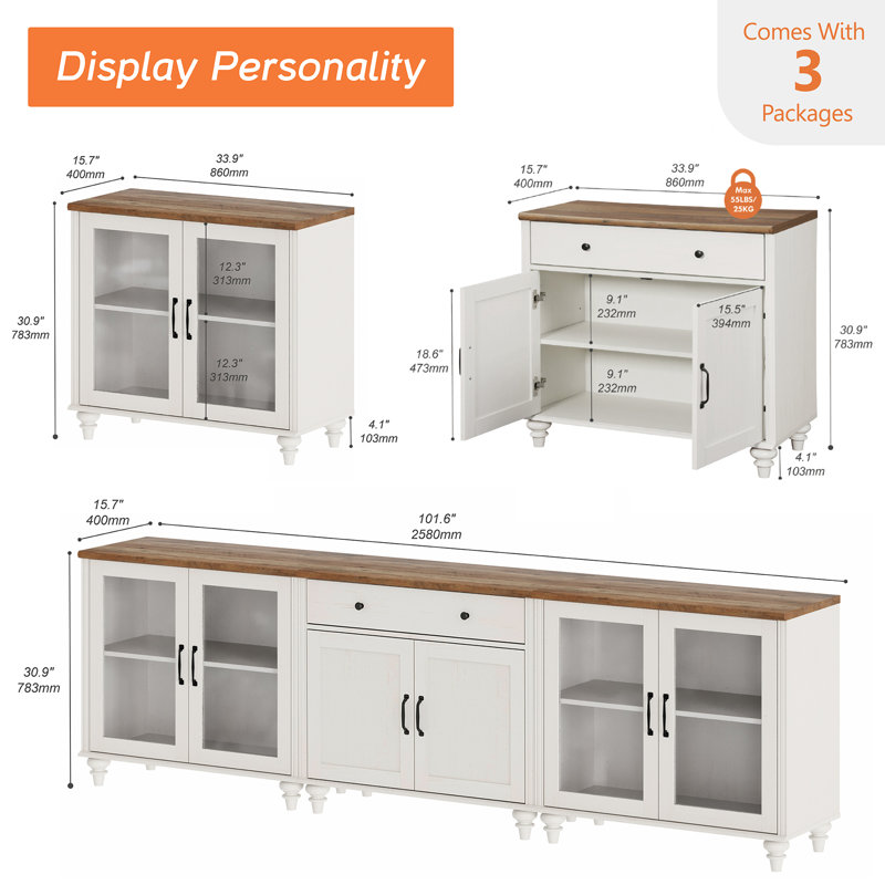 TV Stand For 100 Inch TV, 3-In-1 TV Console Table For 75/80/85/90 Inch TV, Entertainment Center With 6 Doors And A Drawer, Kitchen Sideboard Buffet Cabinet For Dining Room, White