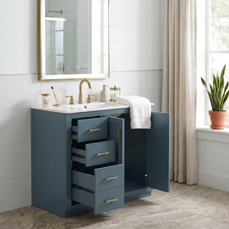 Meuble-lavabo autoportant de 36 po en bleu avec lavabo en céramique, structure en bois massif, armoire de rangement avec 3 tiroirs et portes à fermeture douce (sans robinet)