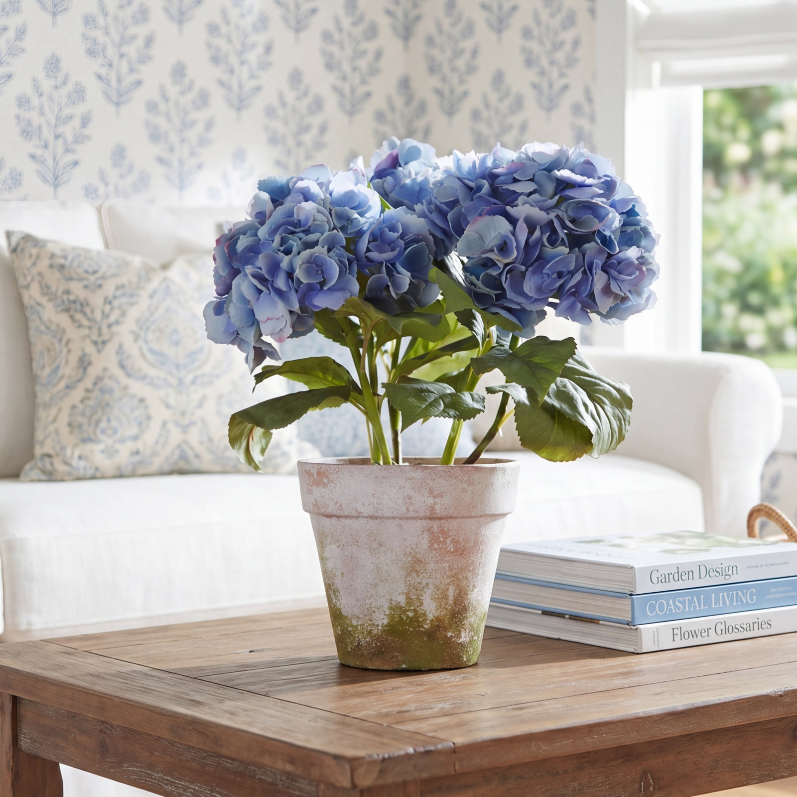 Hydrangea Floral Arrangement, Blue, 17" H x 15" W 