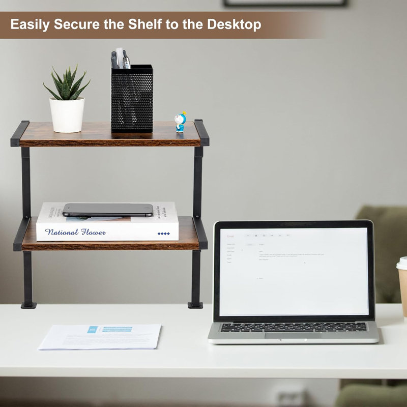 Clamp On Desk Organizer Shelf, 12 Inch Clamp-On Above Or Under Desktop Storage Shelf,2 Tier Clip On Shelving Unit For Table Accessories (Brown)
