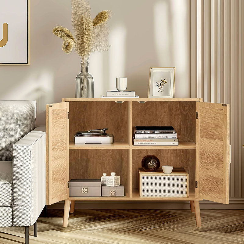 Living Room Buffet Cabinet - 4 Shelves, Metal Handles, Elegant Appearance Hallway Storage Solid Wood Feet, Compartments, Natural Color