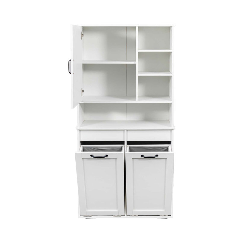 Armoire de buanderie avec portes et tablette, panier à linge inclinable, plusieurs espaces de rangement, style autoportant, tablette ouverte, tablette réglable