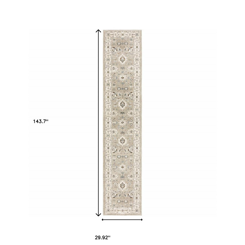 Tapis de couloir oriental tissé à la machine beige et ivoire 2 pi x 10 pi