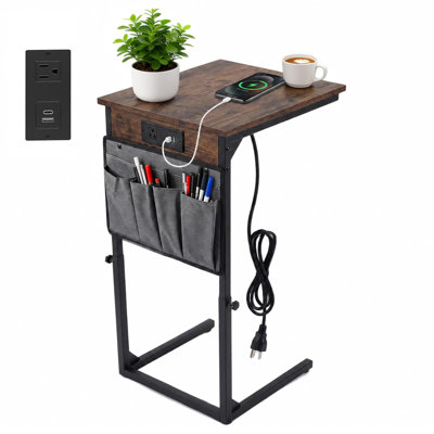 C-Shaped End Table with Charging Station, Sofa Side Table for Couch - Space-Saving Slide-Under Design - Hanging Organizer Included - Burned Color