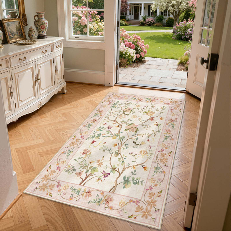 Chinoiserie Vintage Floral Rug Washable Non-slip, Rectangle 3' x 5', Pink