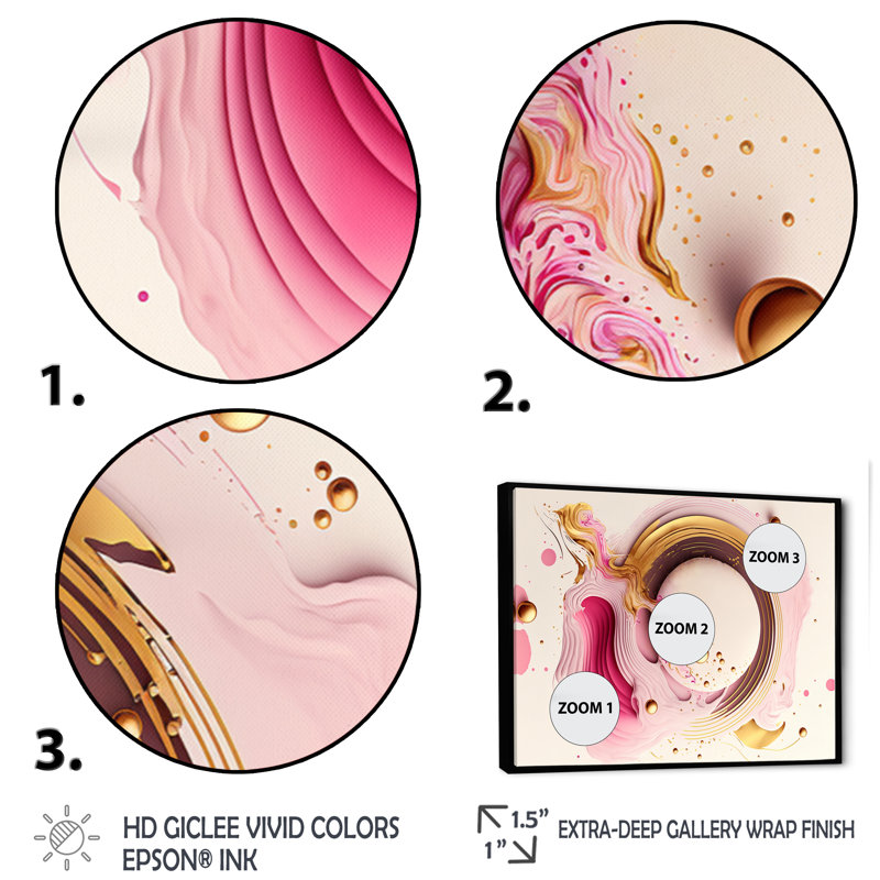 «Pink Watercolor Circular Abstract III», impression sur toile, H 16 po x l 32 po x P 1 po, Toile avec cadre flottant noir
