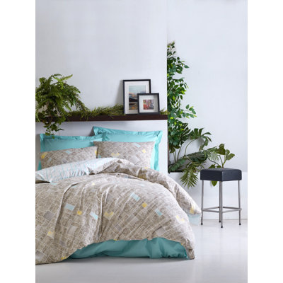 Housse de couette en coton turquoise / beige / blanc Ranforce