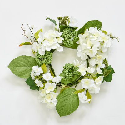 16" Artificial Hydrangea and Green Leaves Wreath