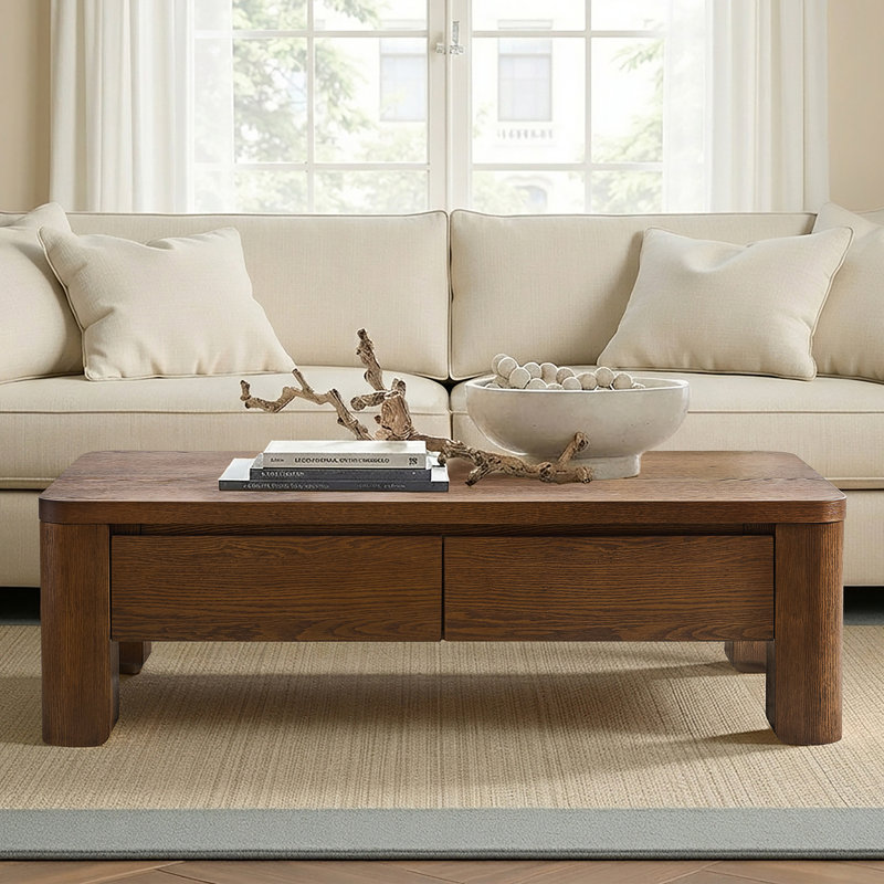 Waynesville Inkwell 55.1"W Modern Farmhouse Oak Drawer Storage Coffee Table With Solid Wood Legs, Walnut