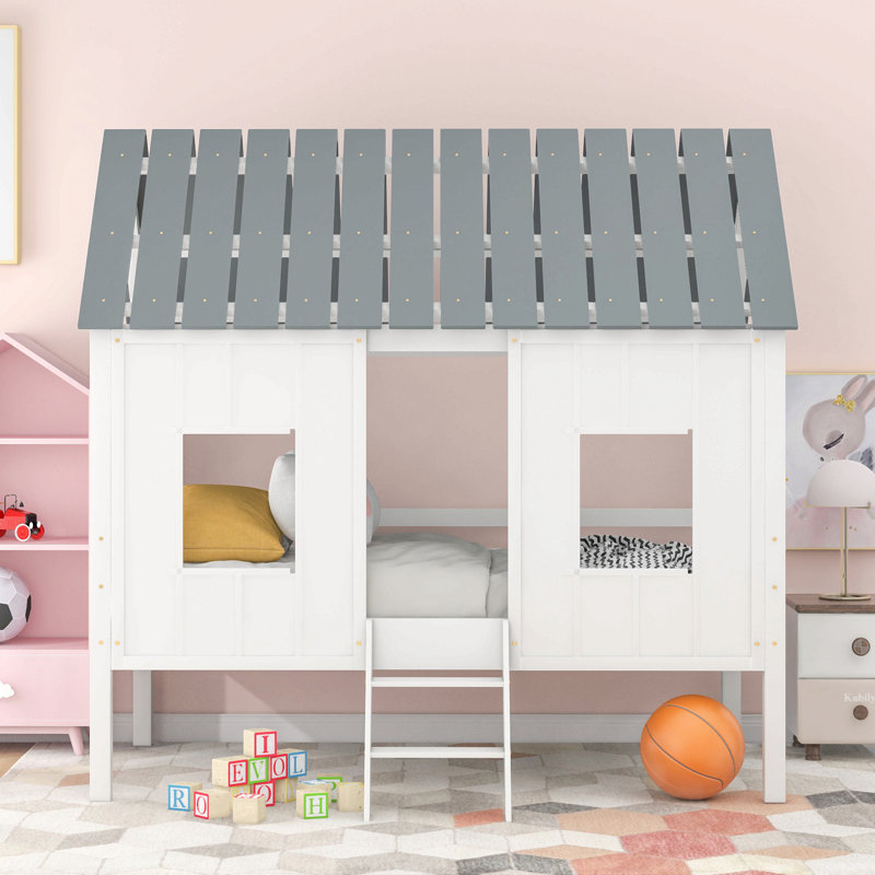 Twin Size Low Loft House Bed With Roof And Two Front Windows , White