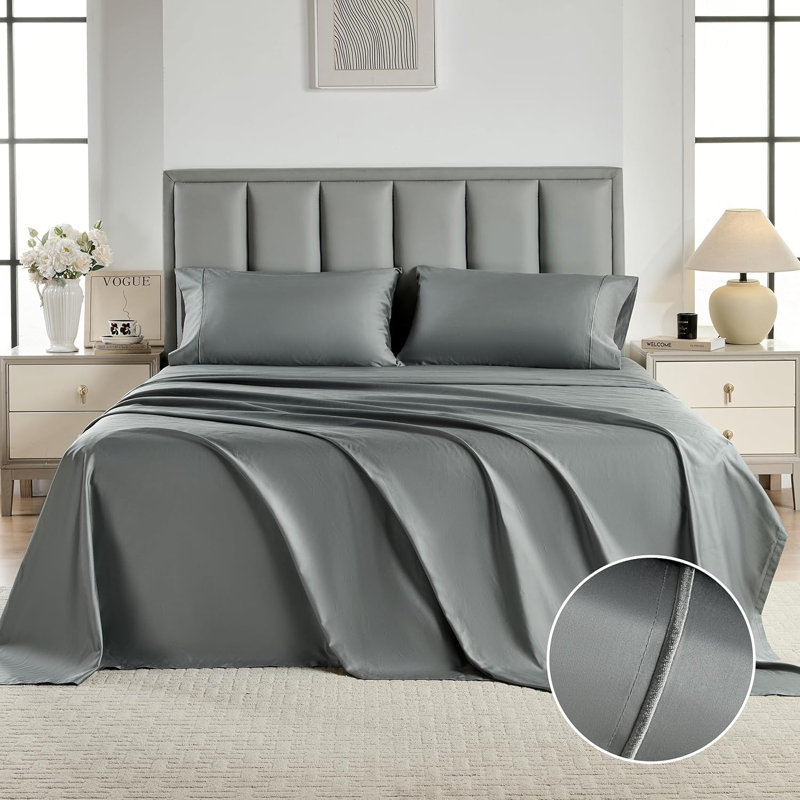 Ensemble de draps 100% coton 400 fils, Ensemble de draps pour très grand lit avec 2 taie, Gris