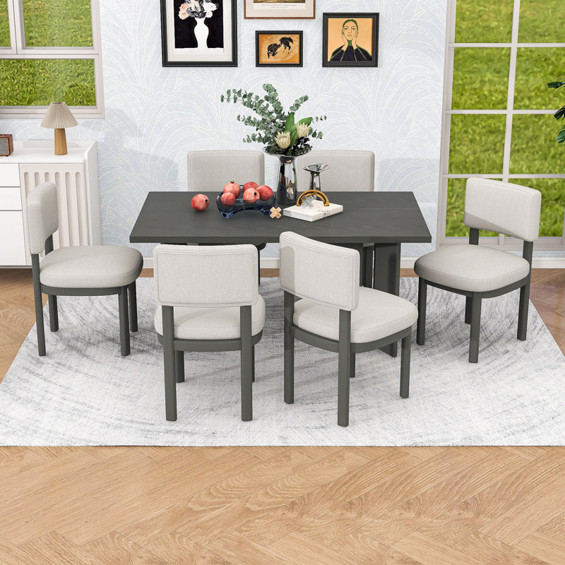 Ensemble de table de salle à manger 7 pièces en bois avec table rectangulaire et 6 chaises rembourrées, Gris, Gris