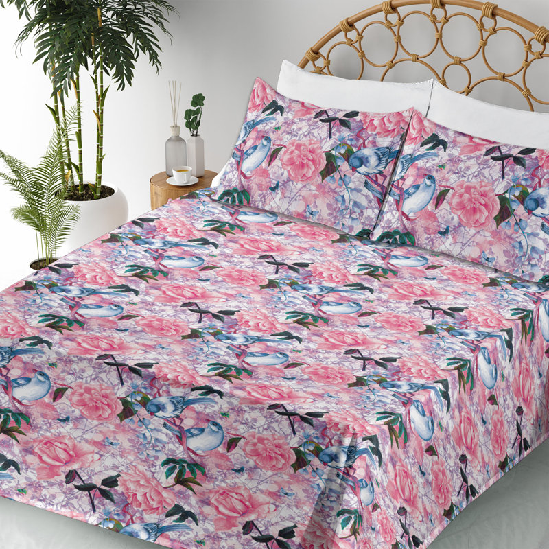 Ambesonne Watercolor Botany Sheet Set 4 Pcs Retro Boho Bloom, Hot Pink/Pale Blue Floral, Full Sheet Set with 2 Pillowcases