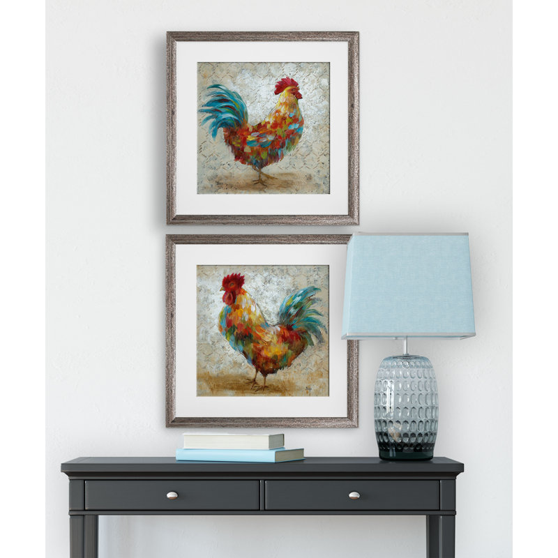 " Fancy Rooster " 2 - Pieces, Brown Framed