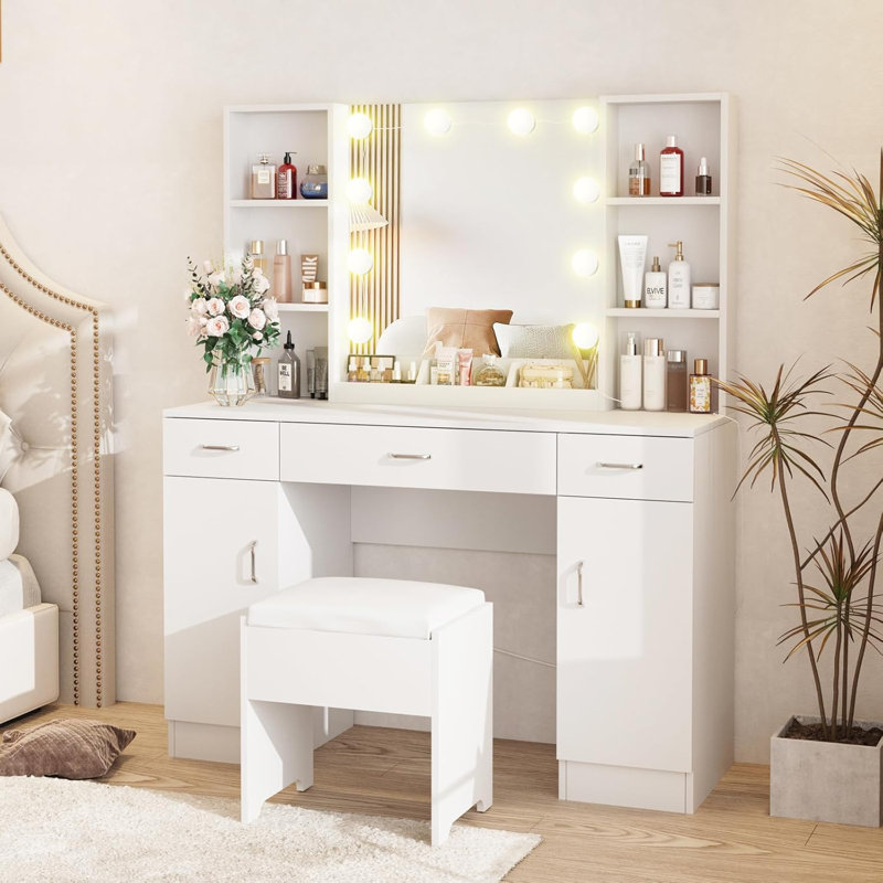 Vanity Desk With Lighted Mirror, Large Makeup Vanity Table Set With Storage Bench & Cabinets, 3 Brightness Mode, 45.2Inch (W), White