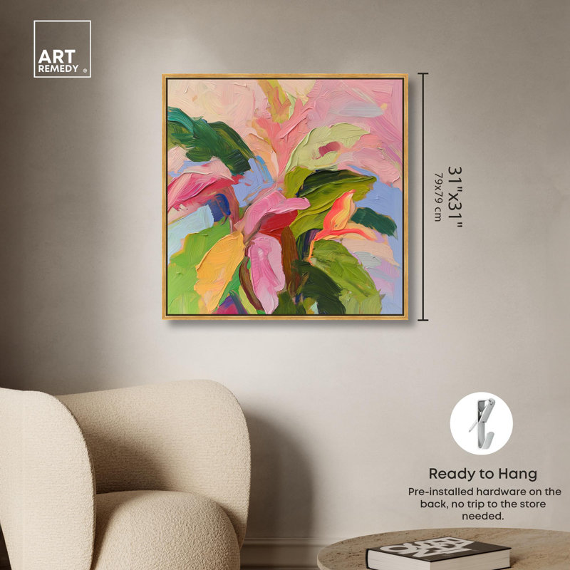 Art Remedy, art tropical brillant sur toile, Cadre flottant doré, H 31 po x l 31 po