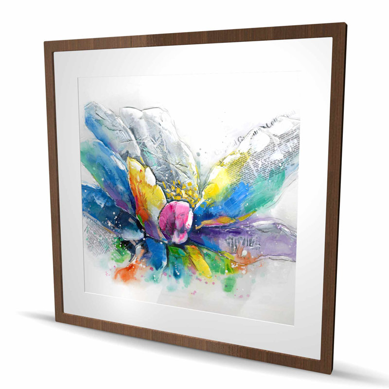 Fleur abstraite avec journal - reproduction botanique encadrée, H 36 po x l 36 po, Brun