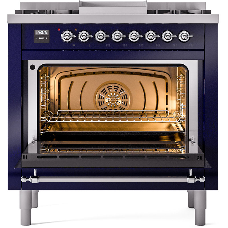ILVE Nostalgie II 36 Dual Fuel Range, knobs, Midnight Blue/Chrome, Liquid Propane