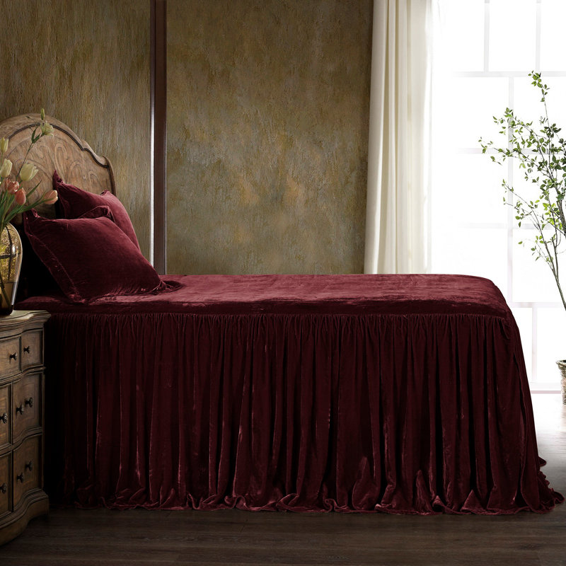 Stella Faux Silk Velvet Romantic Western Ruffle Skirt Bedspread Set, Twin Bedspread + 1 Standard Sham, Garnet Red