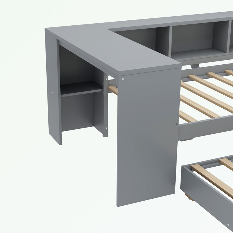 Twin Size Daybed with Trundle, Storage Drawers and Side Shelves, Gray, Twin