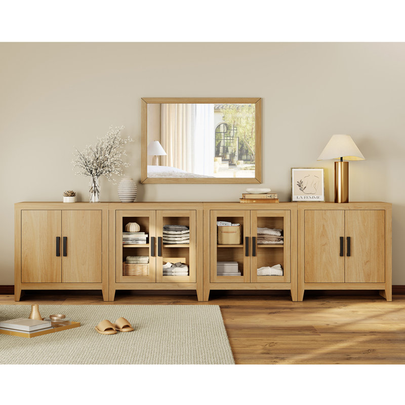 126" Extra Large Sideboard Buffet Cabinet, Farmhouse Kitchen Storage Cabinet With Glass Doors And Adjustable Shelves, Modern Wood Coffee Bar Table For Dining Room, Living Room,Oak